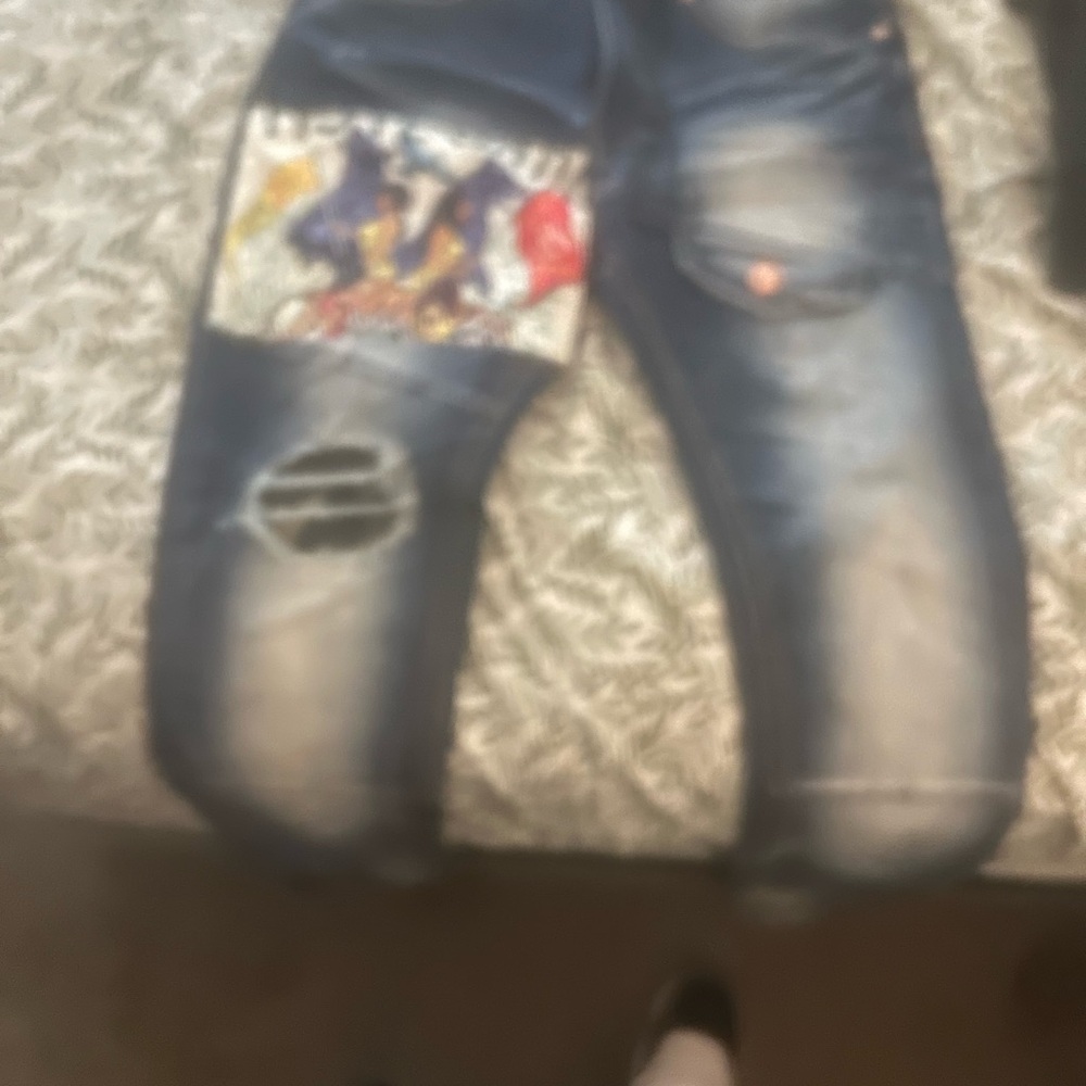 Hustle Gang Distressed Blue Washed Skinny Jeans with Patch - Picture 2 of 2